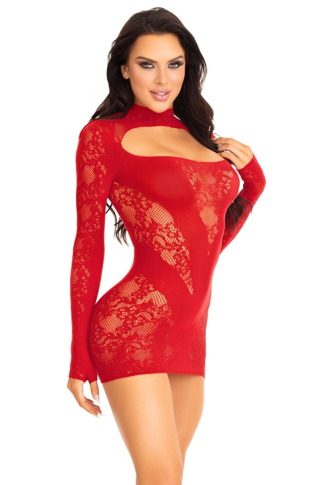 Lace Keyhole Mini Dress, Opaque Panel, Gloved Sleeves-Stripper Dresses-SEXYSHOES.COM
