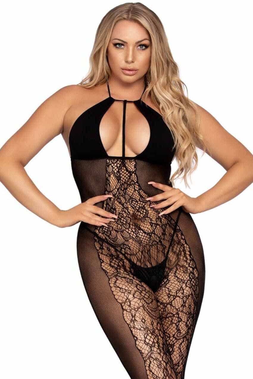 Lace Opaque Bodystocking W/Keyhole Halter Top-Bodystockings-SEXYSHOES.COM
