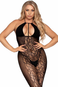 Lace Opaque Bodystocking W/Keyhole Halter Top-Bodystockings-SEXYSHOES.COM
