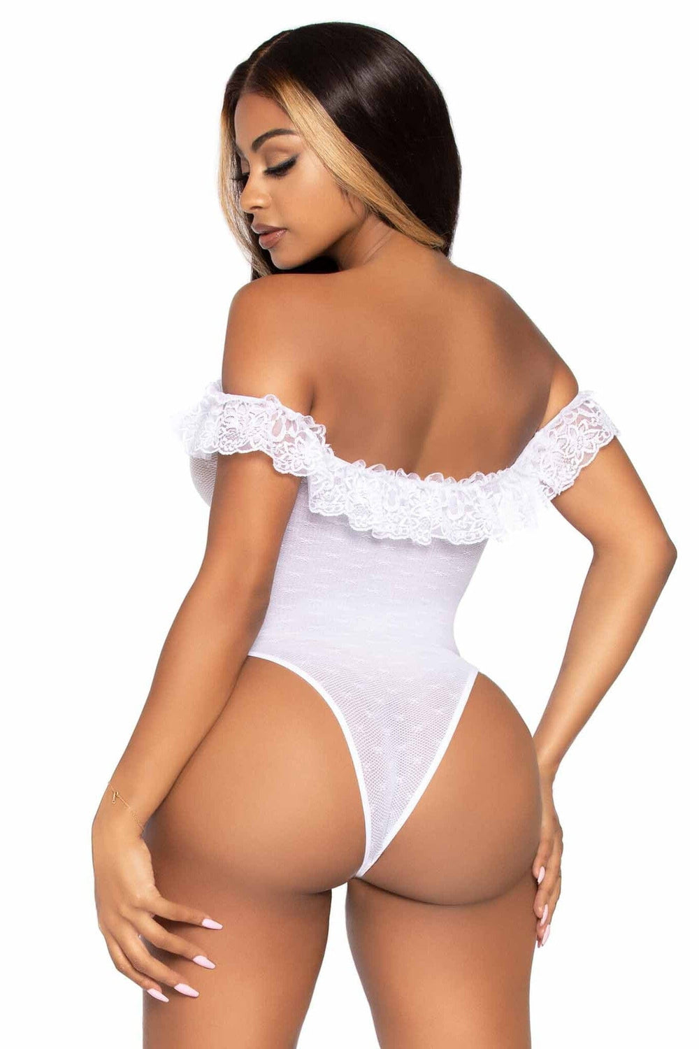 Lace Ruffle Off The Shoulder Teddy W/Woven Point D'Esprit Detail & Snap Crotch-Teddies-SEXYSHOES.COM