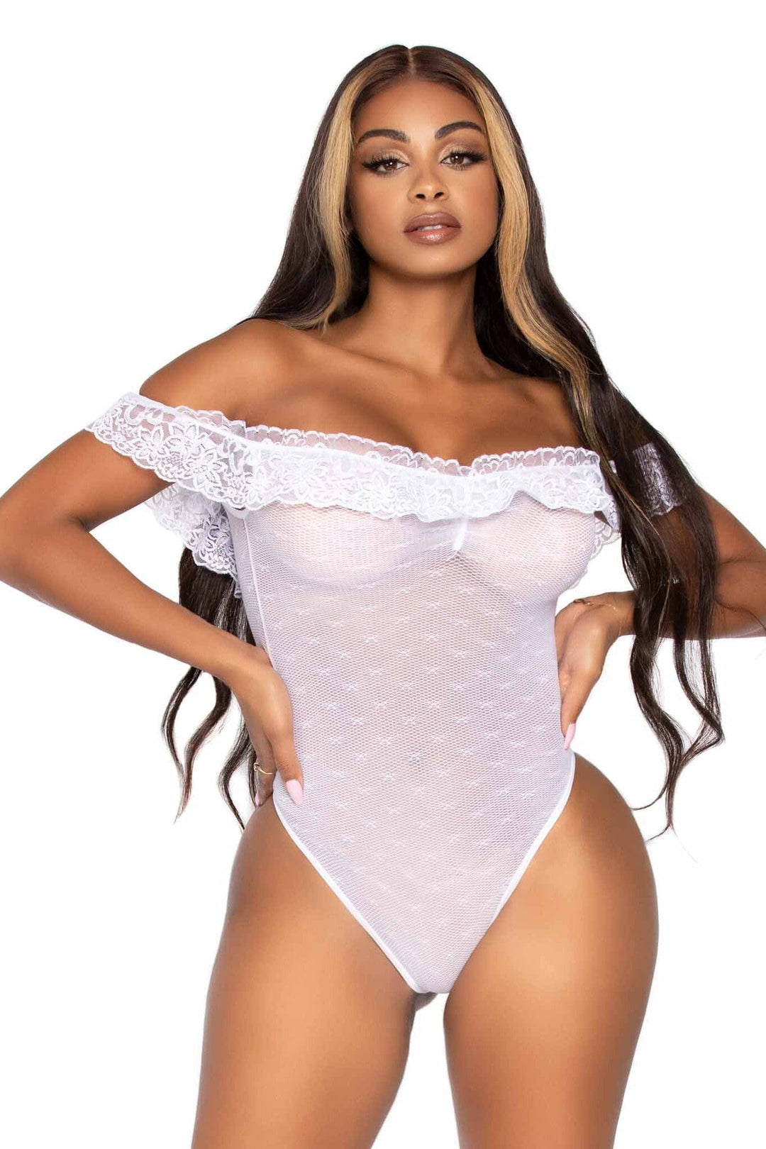 Lace Ruffle Off The Shoulder Teddy W/Woven Point D'Esprit Detail & Snap Crotch-Teddies-SEXYSHOES.COM