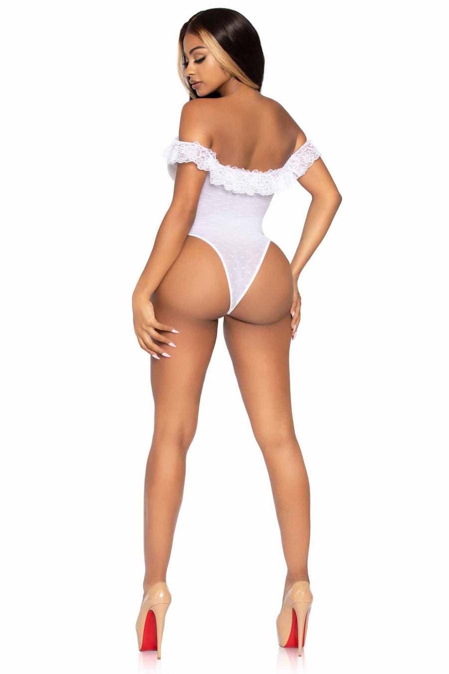 Lace Ruffle Off The Shoulder Teddy W/Woven Point D'Esprit Detail & Snap Crotch-Teddies-SEXYSHOES.COM