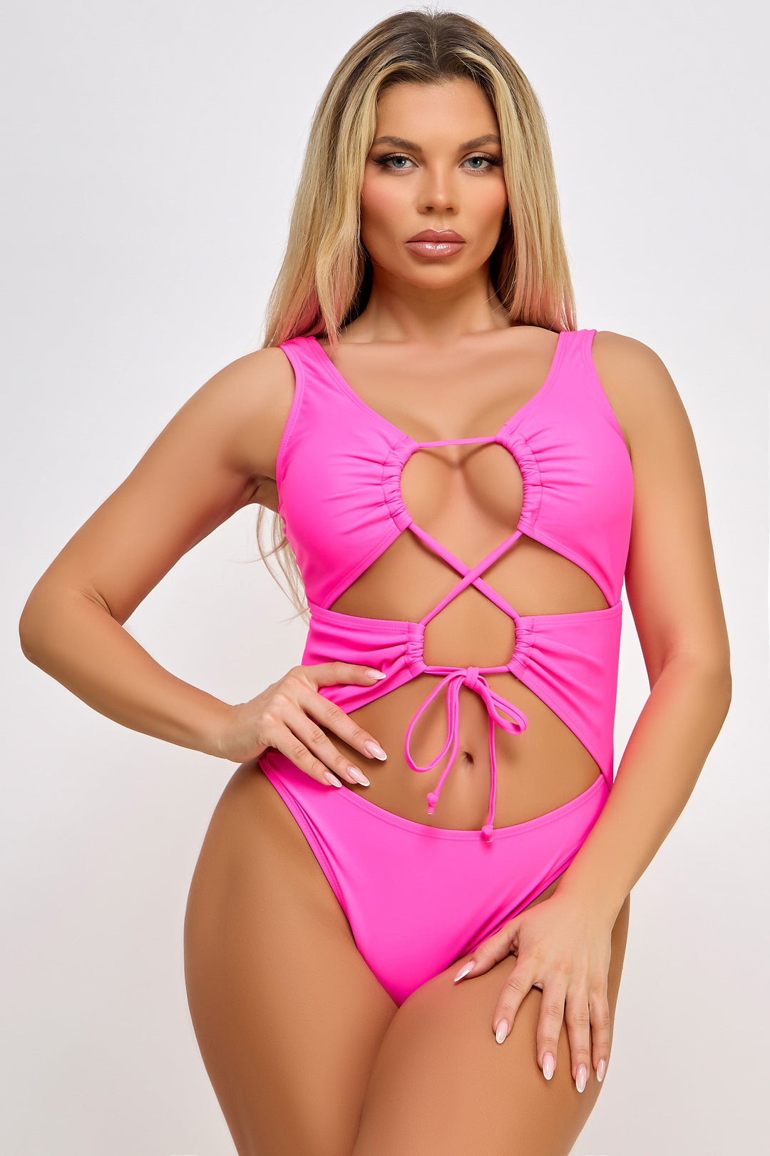 BeWicked Lace Up Plunge One Piece Swimsuit in Fuchsia  from SexyShoes.com