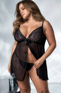 Mapale Lace and Sheer Babydoll with Bow Detail in Black  from SexyShoes.com