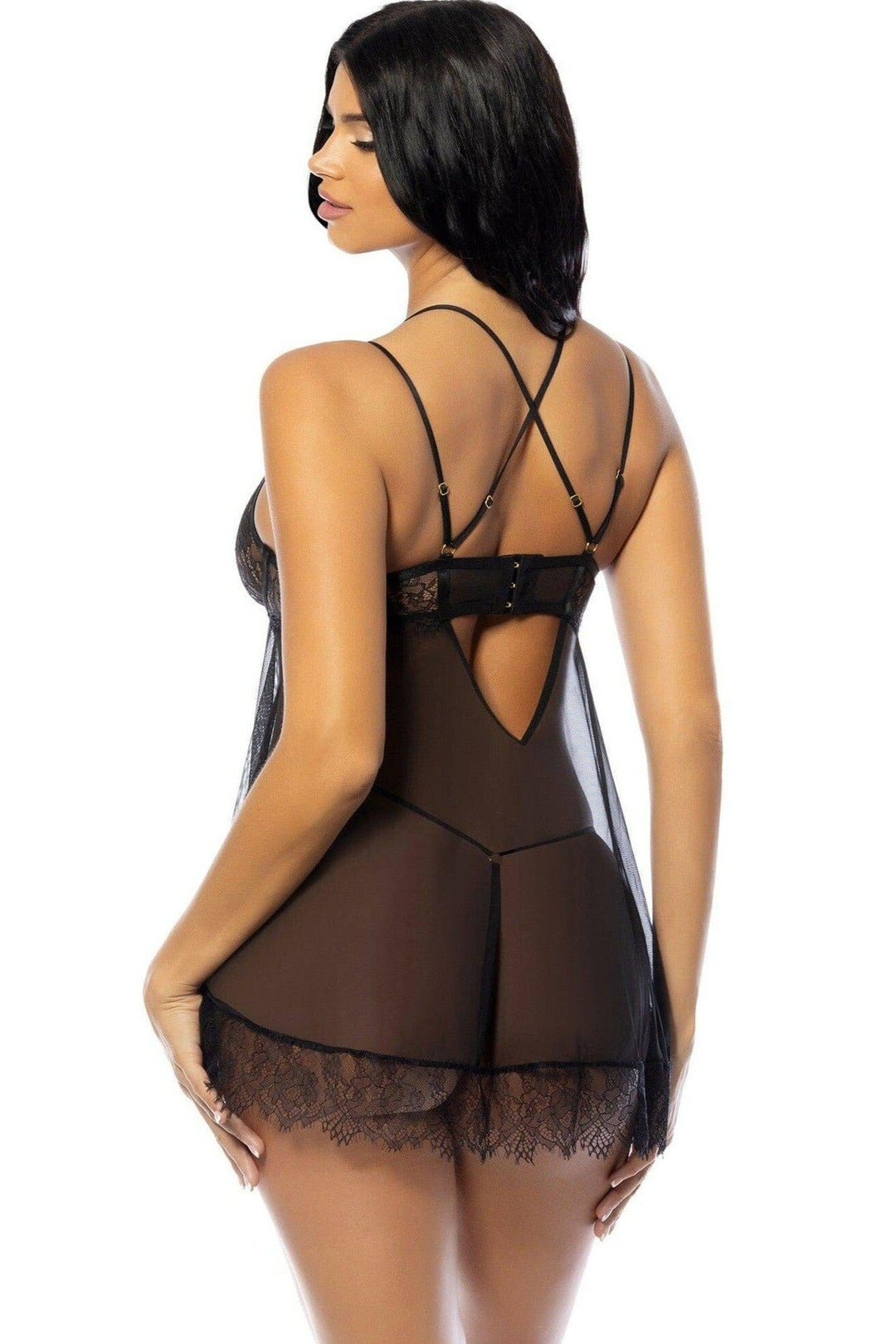 Lacy Flyaway Babydoll Set | Black-Babydolls-SEXYSHOES.COM