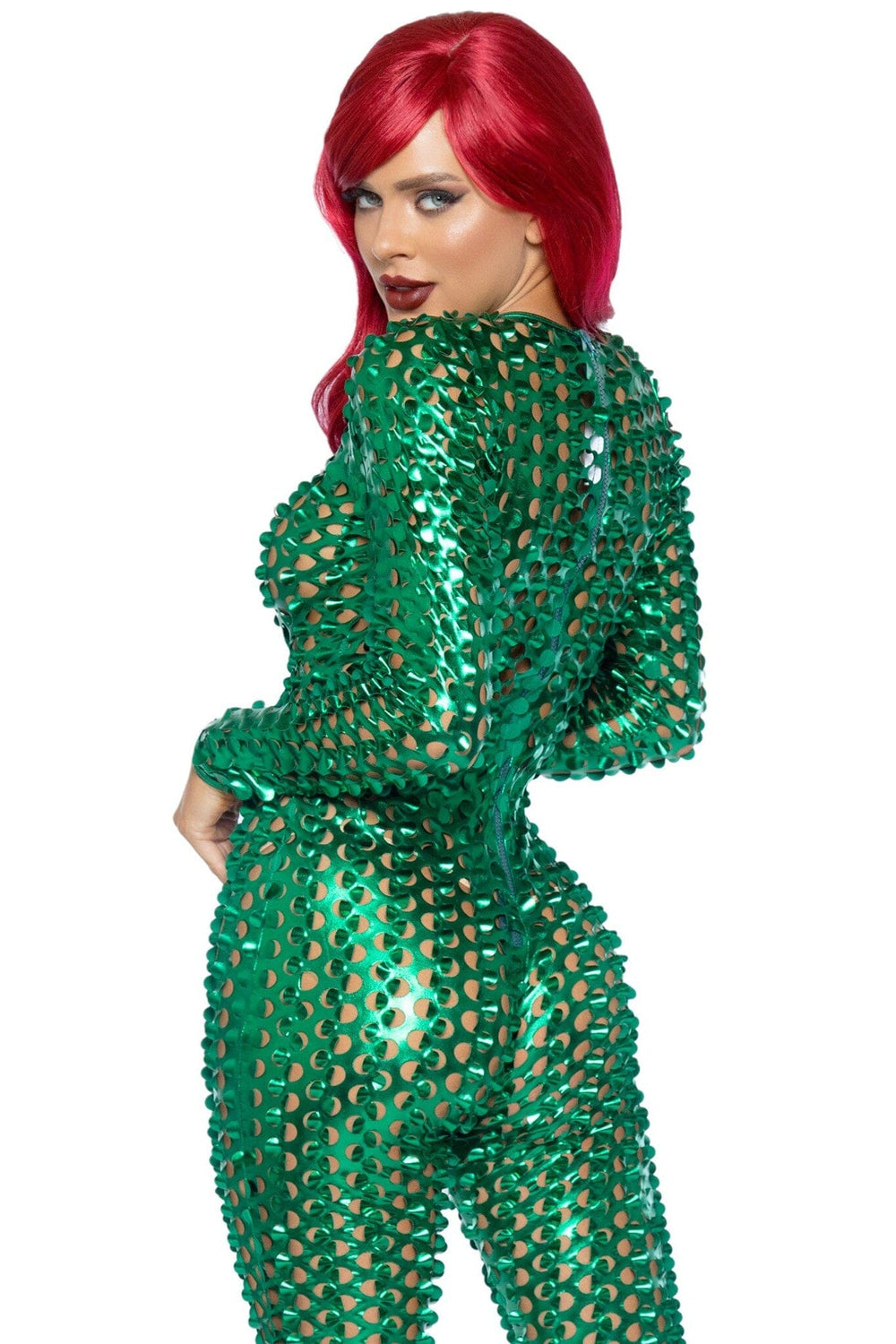 Leg Avenue Laser Cut Metallic Catsuit in Green 
