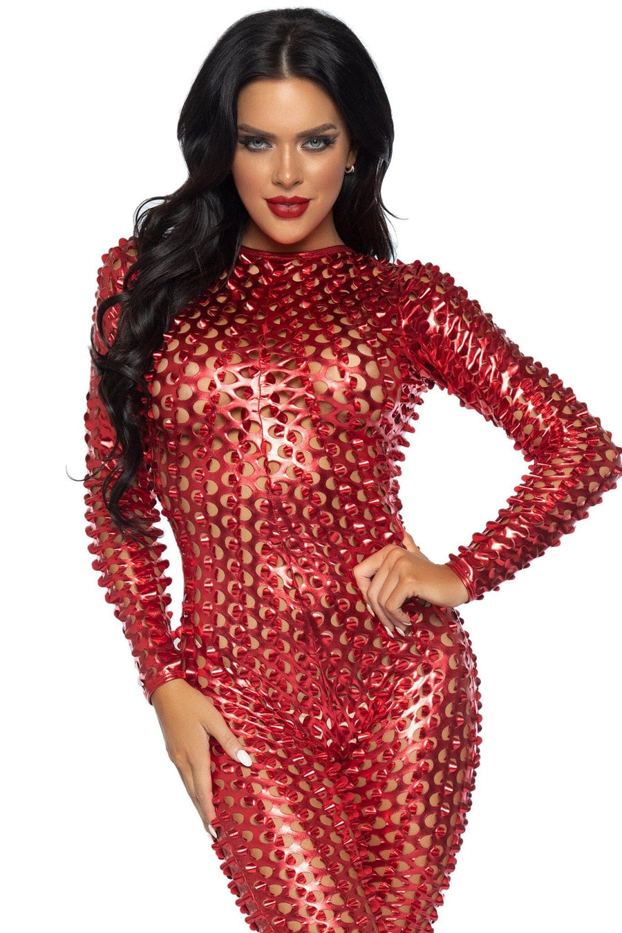 Leg Avenue Laser Cut Metallic Catsuit in Red 