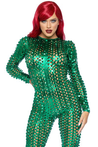 Leg Avenue Laser Cut Metallic Catsuit in Green 