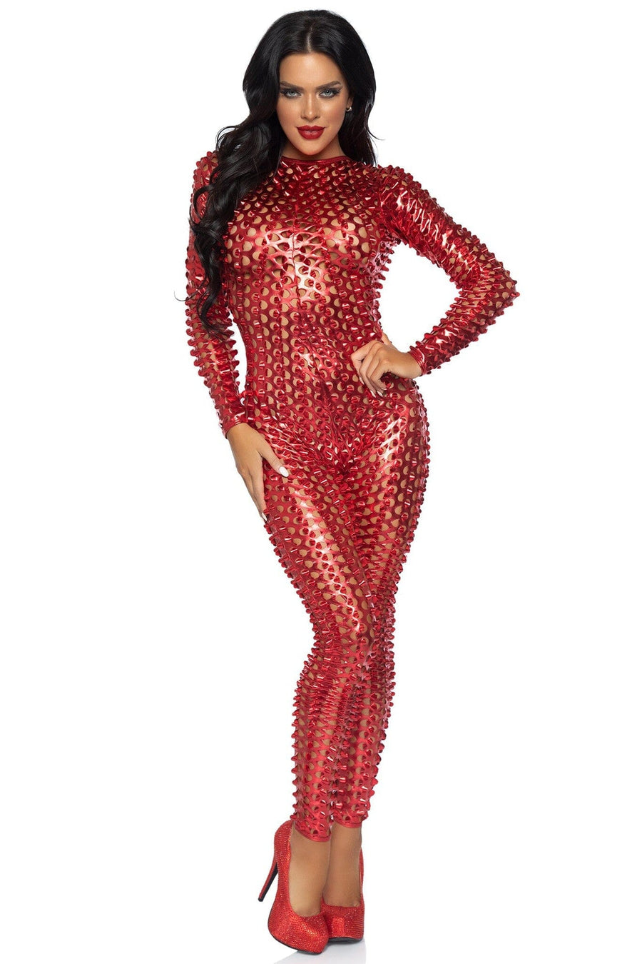 Leg Avenue Laser Cut Metallic Catsuit in Red 