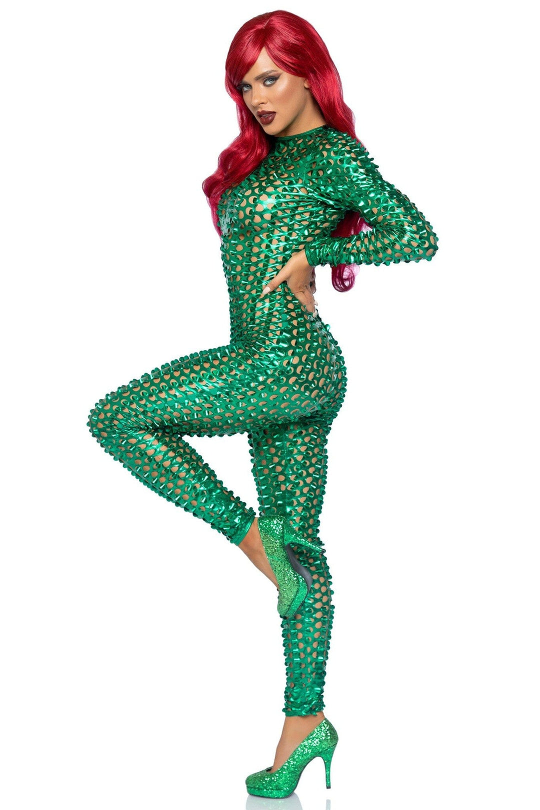 Leg Avenue Laser Cut Metallic Catsuit in Green 