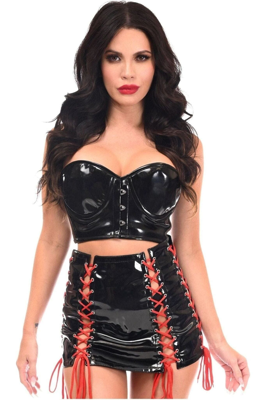 Daisy Corsets Lavish 2 PC Black Patent Bustier & Lace Up Skirt Set in Black 