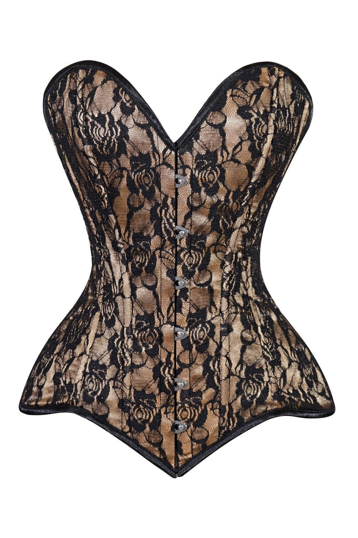 Lavish Beige/Black Lace Overbust Corset Sweetheart Neckline Busk Closure