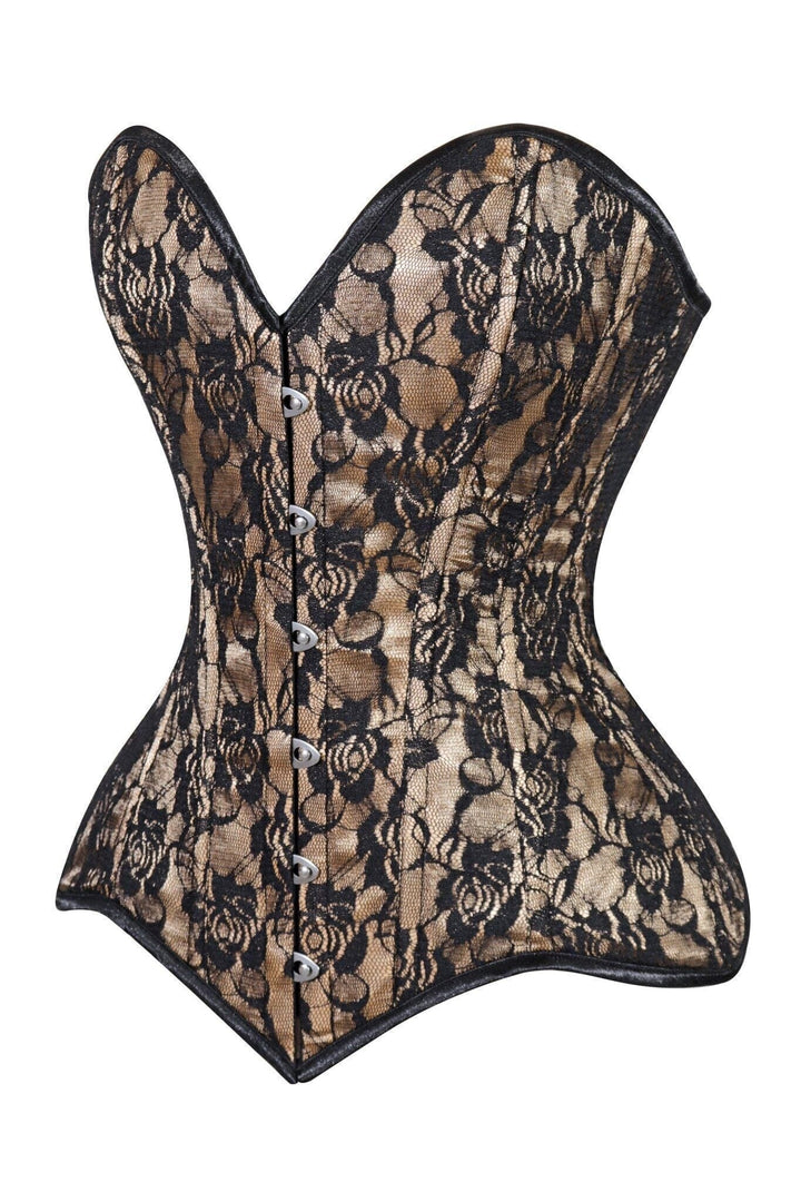 Lavish Beige/Black Lace Overbust Corset Sweetheart Neckline Busk Closure