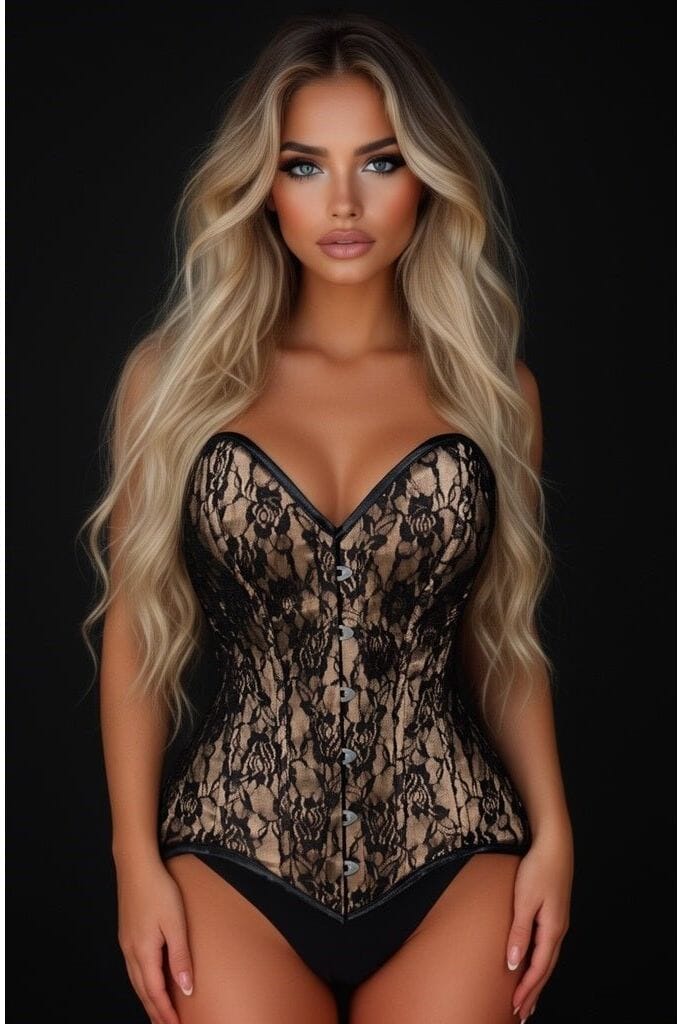 Lavish Beige/Black Lace Overbust Corset Sweetheart Neckline Busk Closure