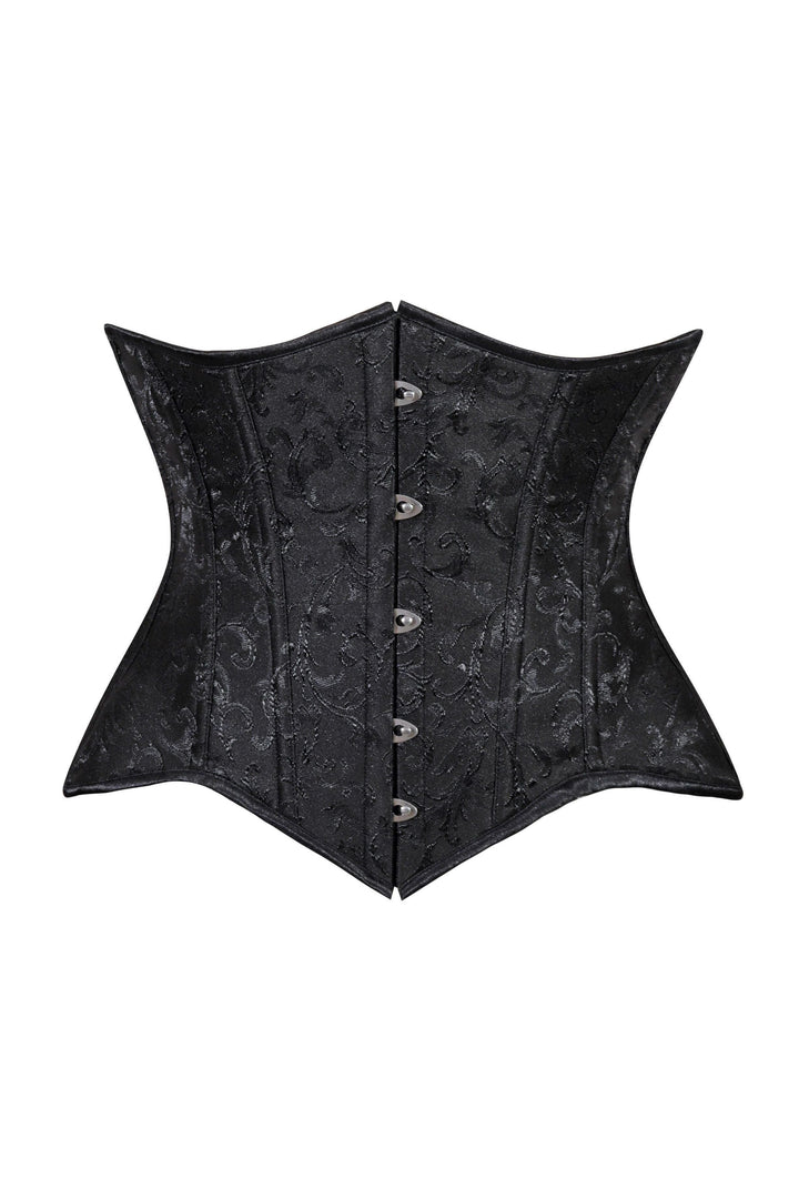 Lavish Black Brocade Waist Cincher Under Bust Corset w/Front Busk Closure