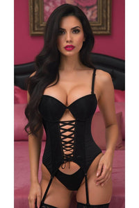 Daisy Corsets Lavish Black Lycra & Lace Hook & Eye Lace Up Bustier Corset w/Garters in Black 