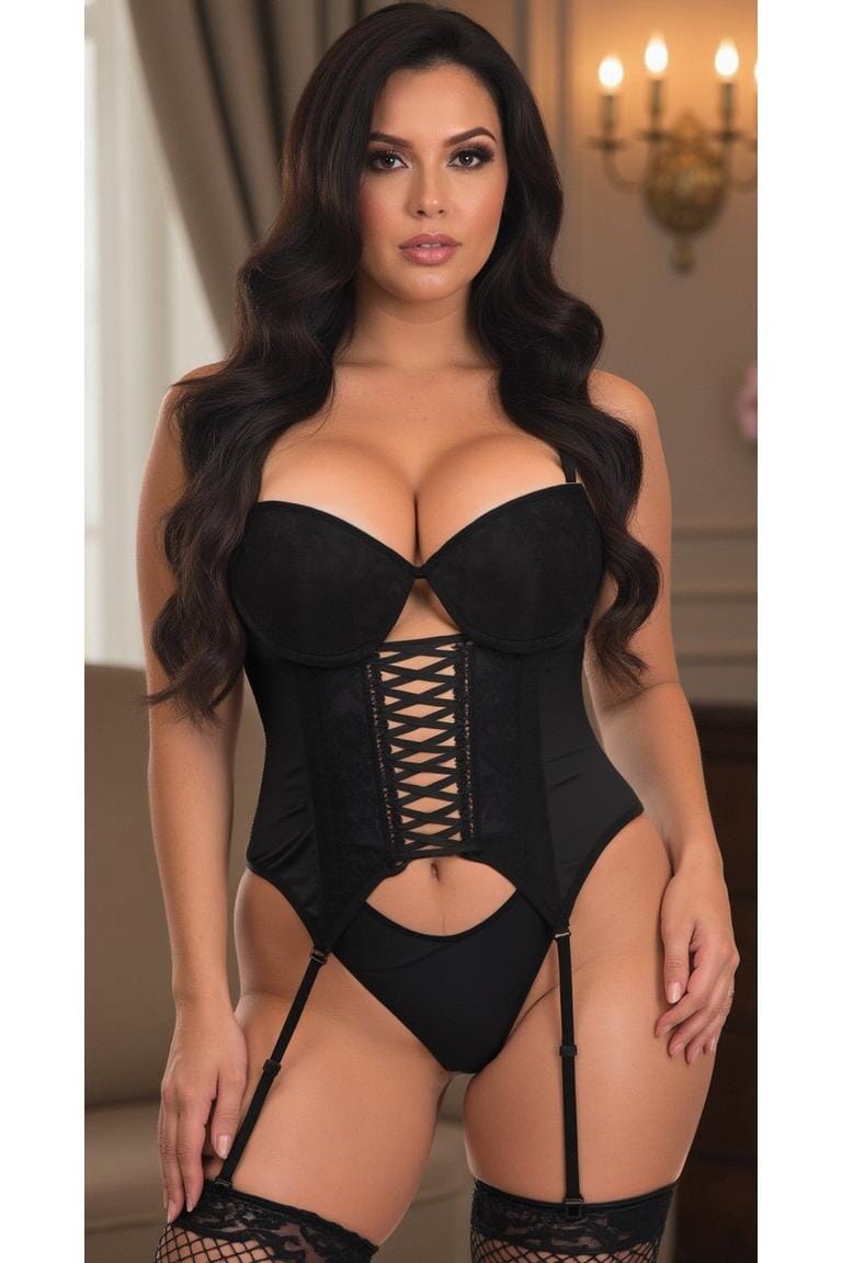 Daisy Corsets Lavish Black Lycra & Lace Hook & Eye Lace Up Bustier Corset w/Garters in Black 