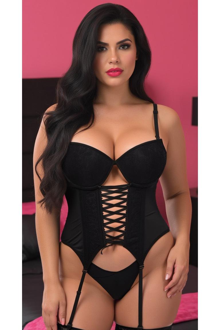 Lavish Black Lycra & Lace Hook & Eye Lace-Up Bustier Corset w/Garters