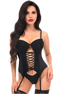 Daisy Corsets Lavish Black Lycra & Lace Hook & Eye Lace Up Bustier Corset w/Garters in Black 