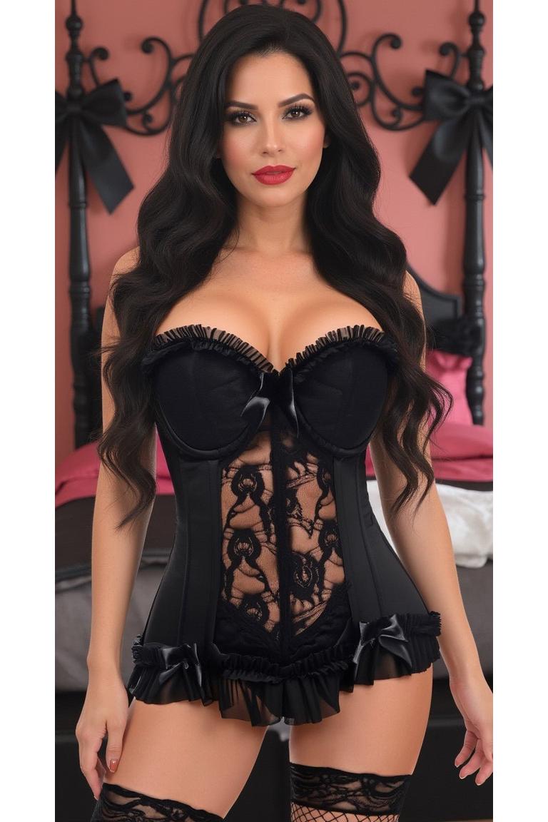 Daisy Corsets Lavish Black Lycra & Lace Hook & Eye Stretch Bustier Corset in Black  from SexyShoes.com