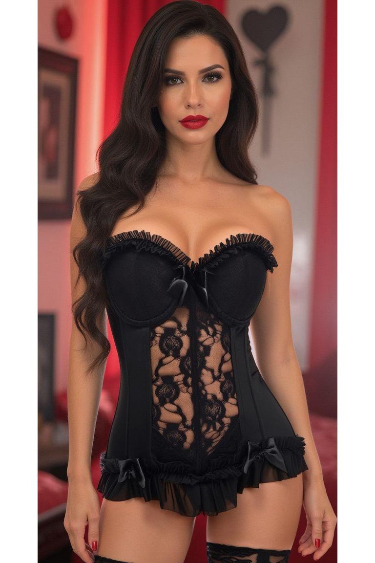 Daisy Corsets Lavish Black Lycra & Lace Hook & Eye Stretch Bustier Corset in Black 