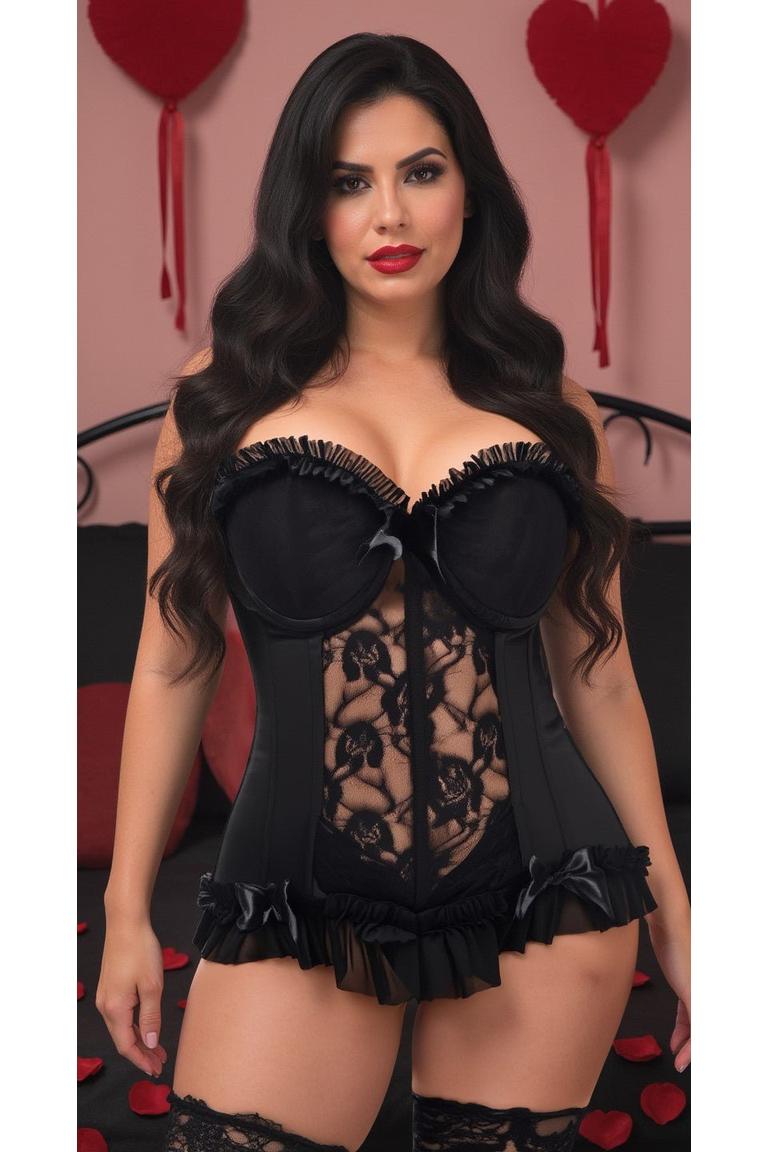 Daisy Corsets Lavish Black Lycra & Lace Hook & Eye Stretch Bustier Corset in Black 