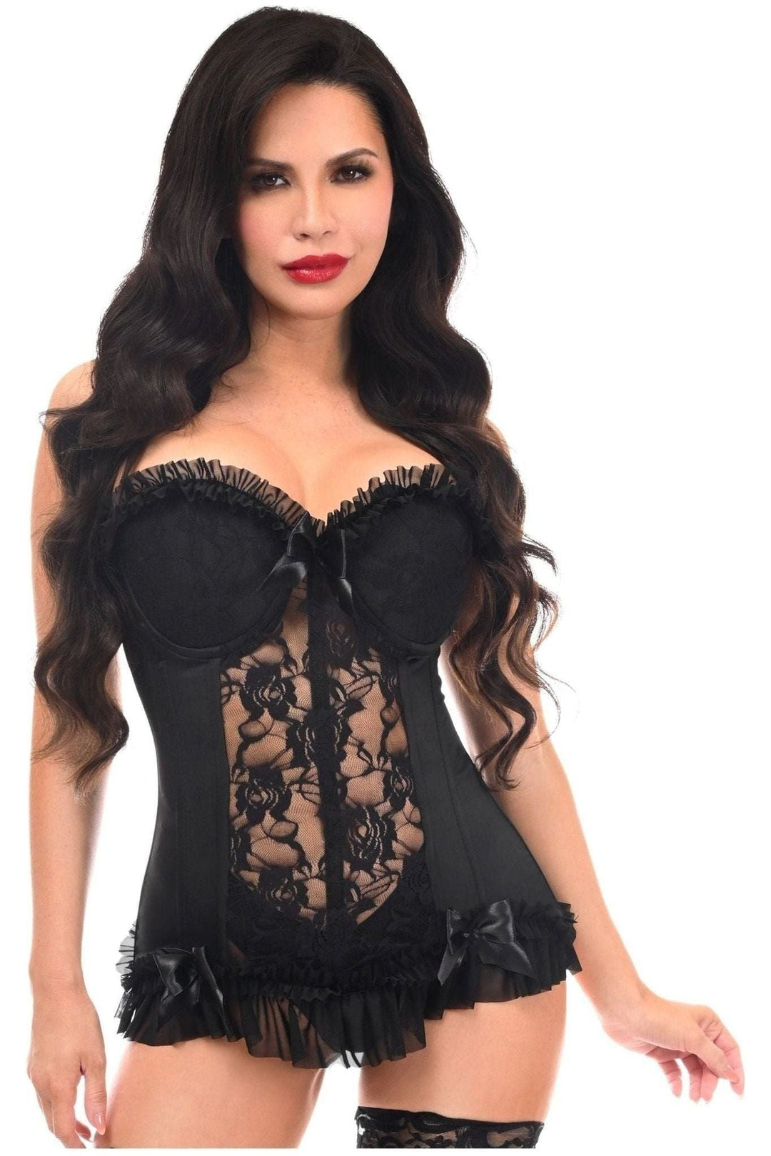 Daisy Corsets Lavish Black Lycra & Lace Hook & Eye Stretch Bustier Corset in Black 