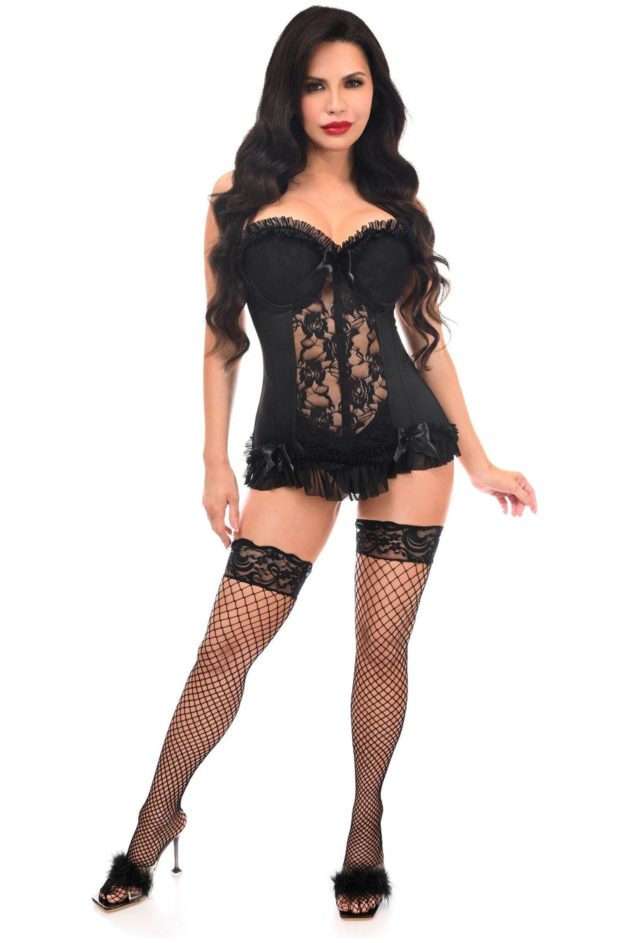 Daisy Corsets Lavish Black Lycra & Lace Hook & Eye Stretch Bustier Corset in Black 