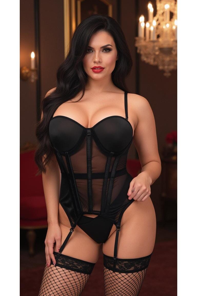 Daisy Corsets Lavish Black Mesh Underwire Bustier Corset w/Garters in Black 