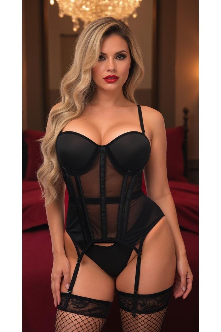 Daisy Corsets Lavish Black Mesh Underwire Bustier Corset w/Garters in Black 