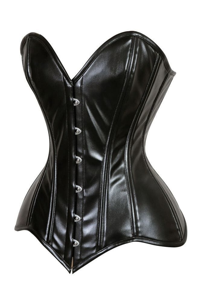 Lavish Black Wet Look Faux Leather Overbust Corset Sweetheart Neckline Busk Closure