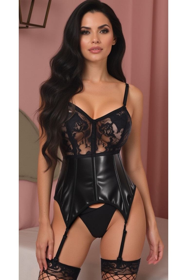 Daisy Corsets Lavish Black Wet Look & Lace Bustier Corset w/Garters in Black 