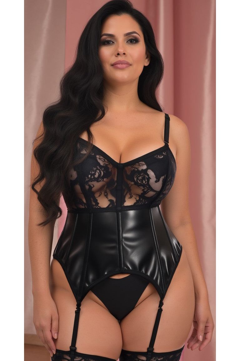 Daisy Corsets Lavish Black Wet Look & Lace Bustier Corset w/Garters in Black 