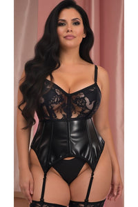 Daisy Corsets Lavish Black Wet Look & Lace Bustier Corset w/Garters in Black 