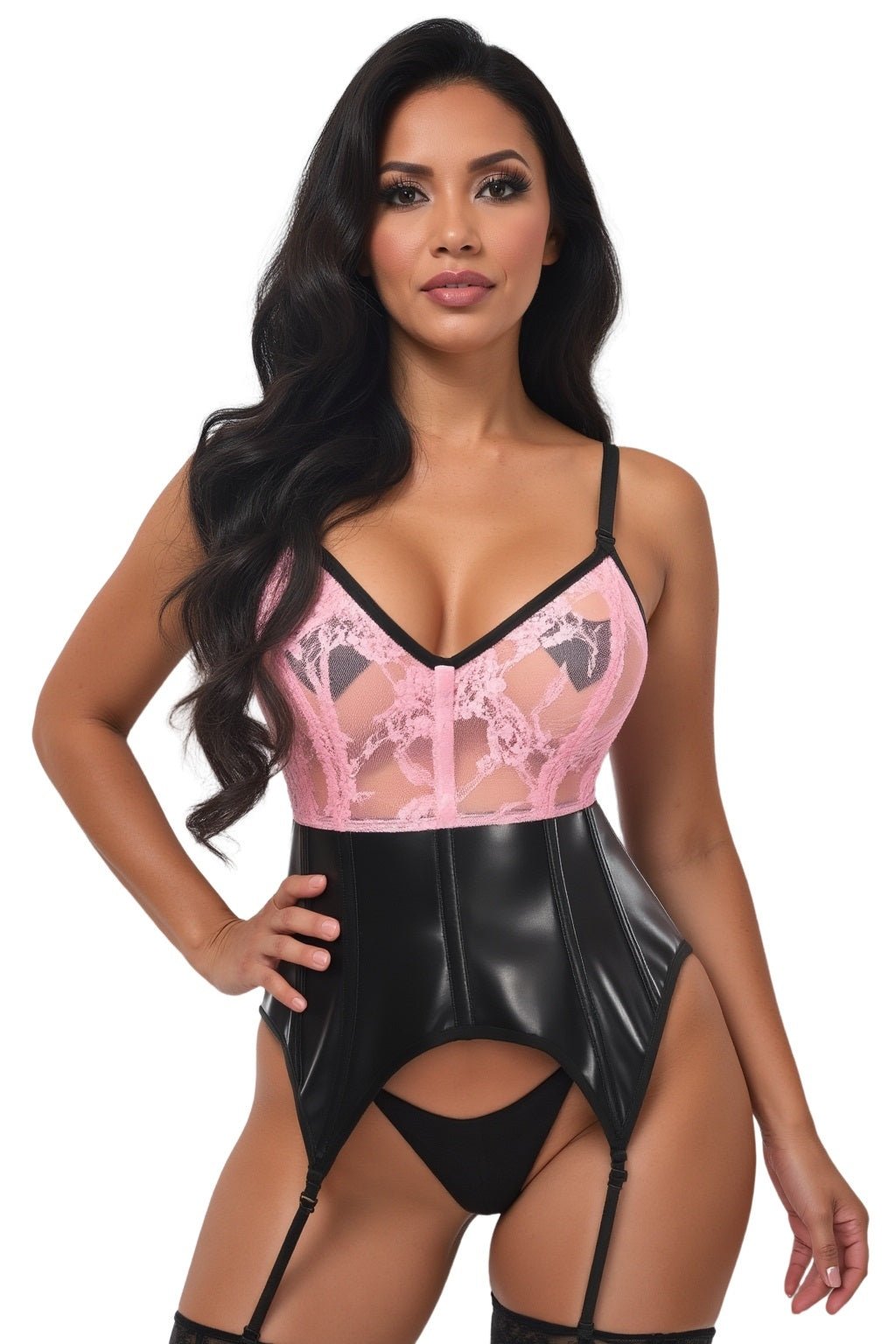Lavish Black/Pink Wet Look & Lace Bustier Corset w/Garters
