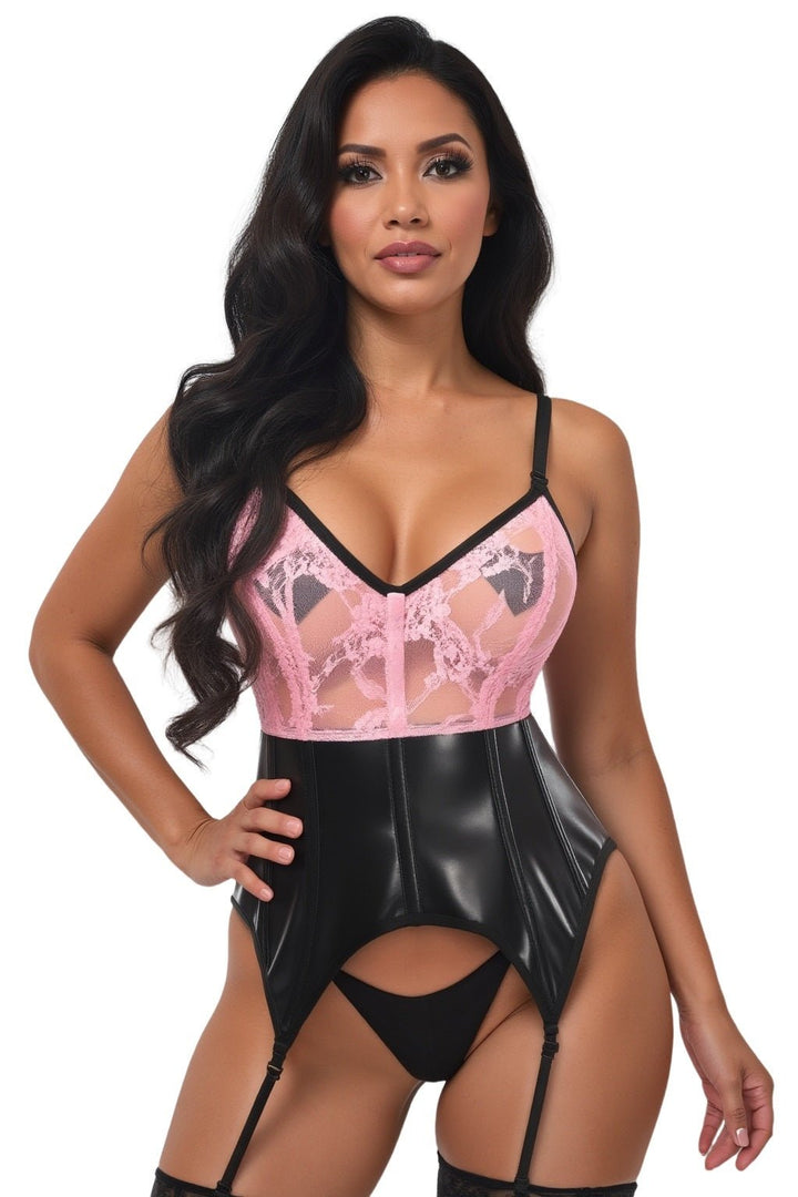Lavish Black/Pink Wet Look & Lace Bustier Corset w/Garters