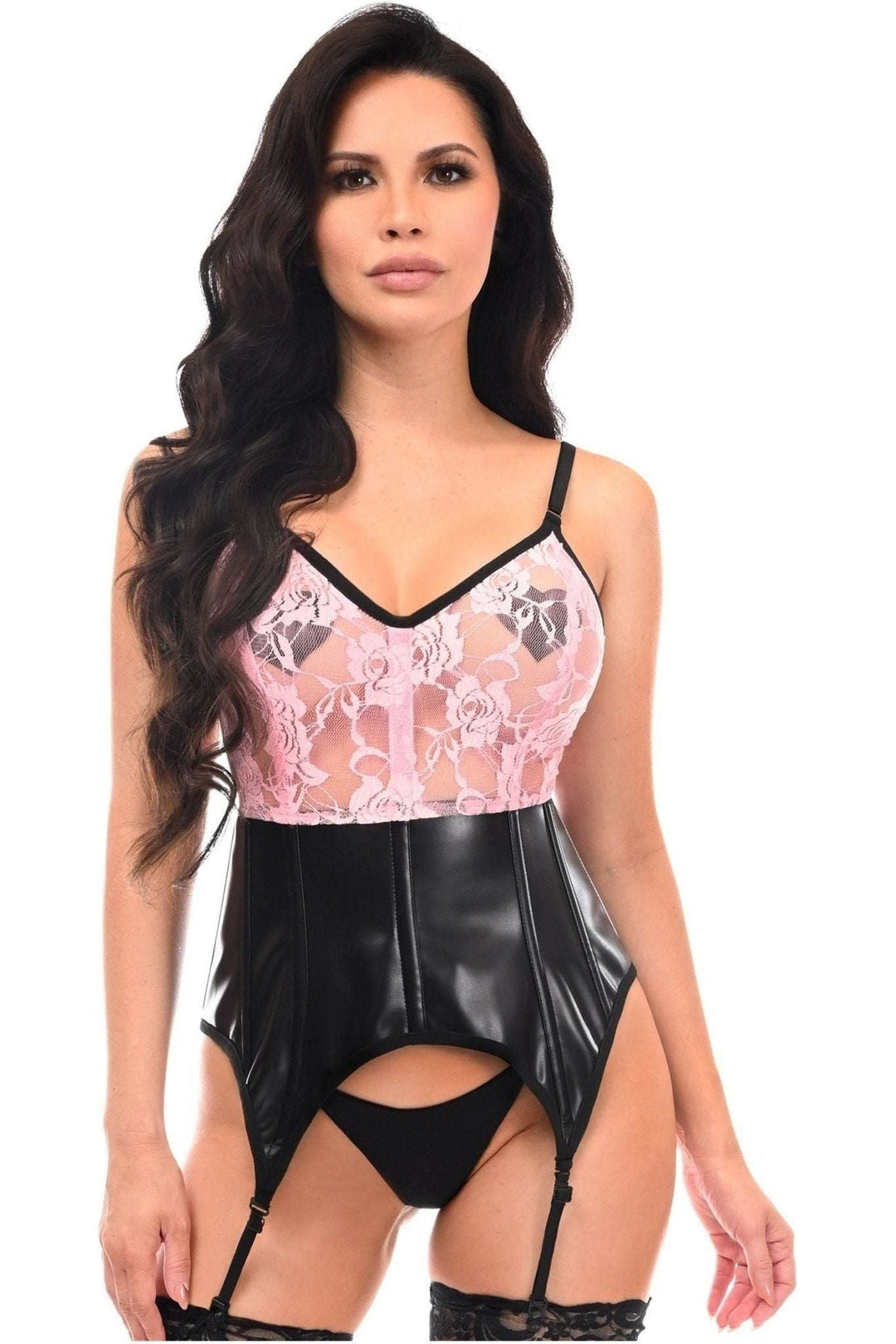 Daisy Corsets Lavish Black/Pink Wet Look & Lace Bustier Corset w/Garters in Pink 
