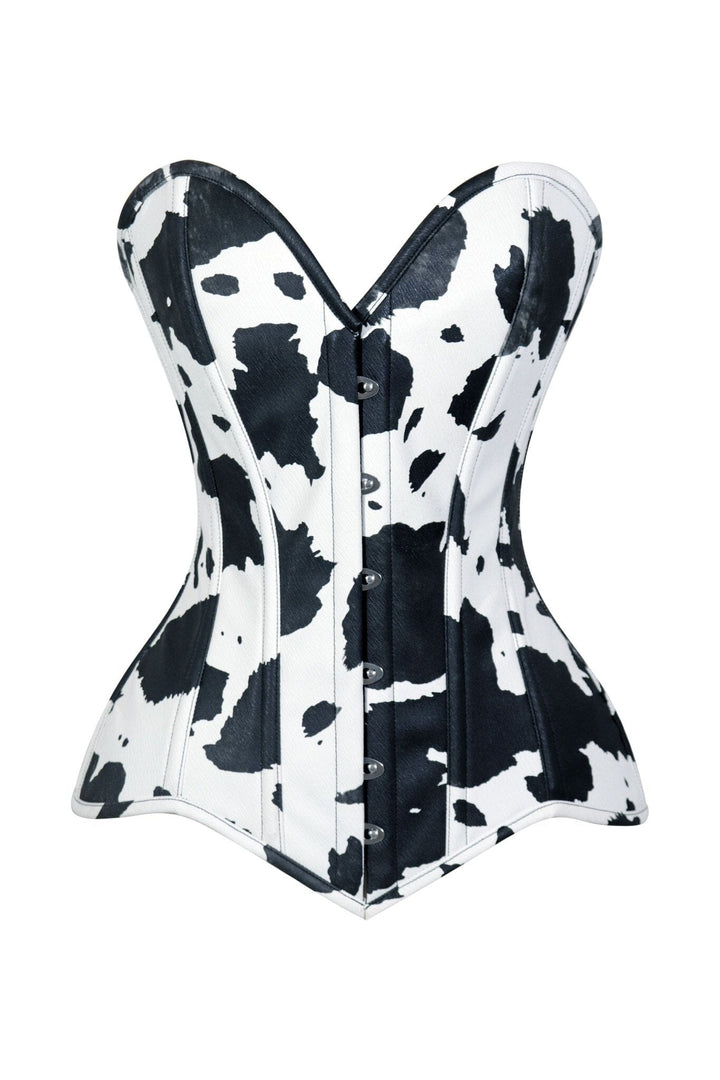 Lavish Black/White Cow Print Faux Leather Overbust Corset Top