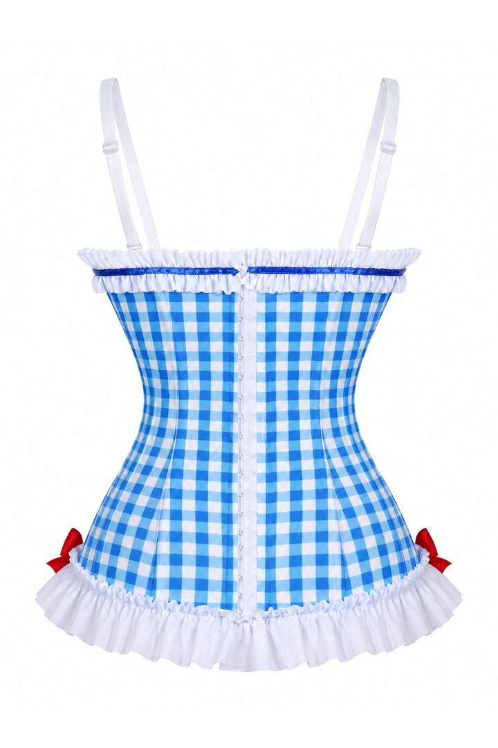 Lavish Blue Gingham w/Red Sequin Bows Stretch Lycra Bustier Corset with Underwire Cups
