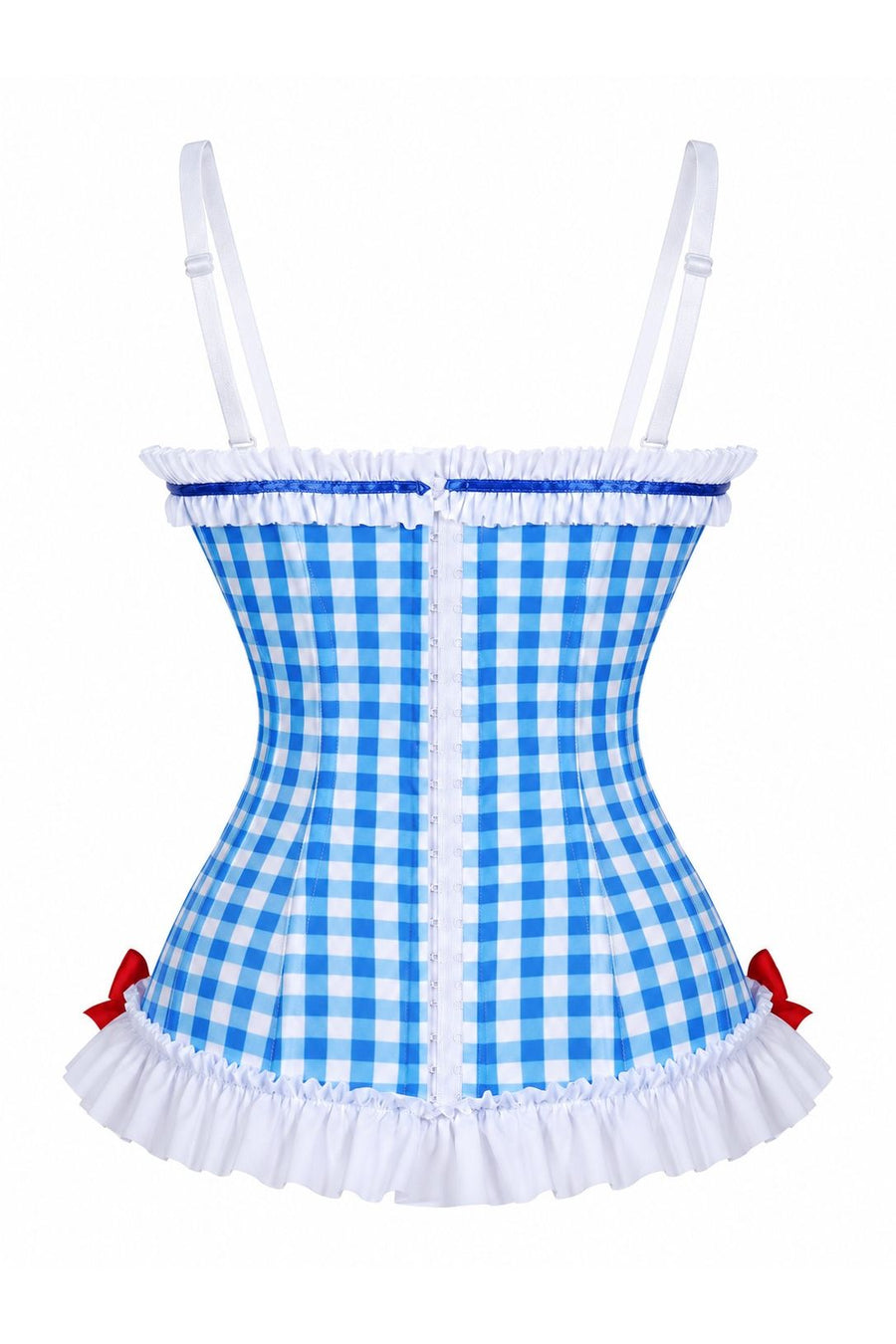 Lavish Blue Gingham w/Red Sequin Bows Stretch Lycra Bustier Corset with Underwire Cups