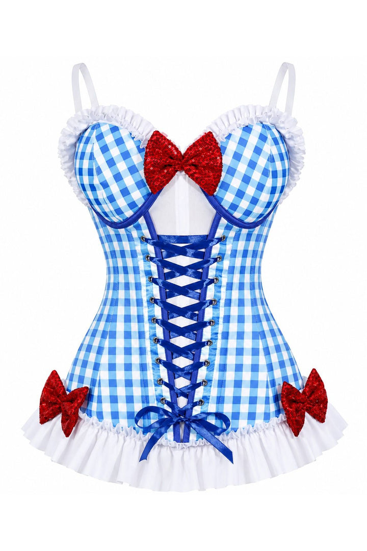 Lavish Blue Gingham w/Red Sequin Bows Stretch Lycra Bustier Corset with Underwire Cups