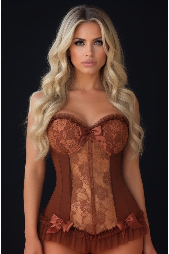 Lavish Caramel Lycra & Lace Hook & Eye Stretch Bustier Corset