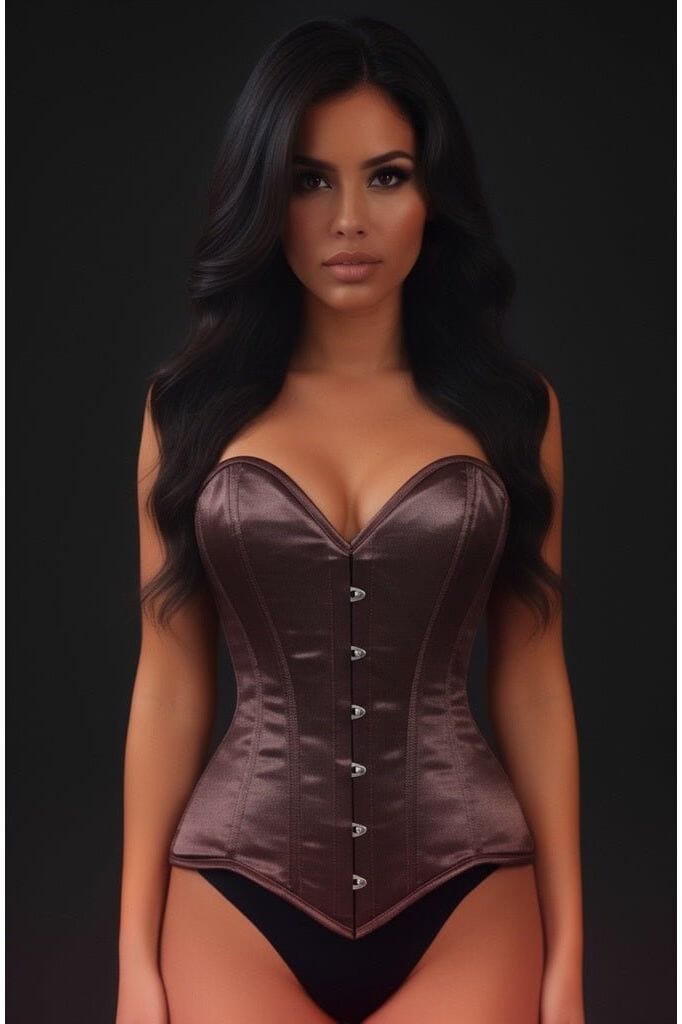 Lavish Dark Brown Satin Overbust Corset Sweetheart Neckline Busk Closure