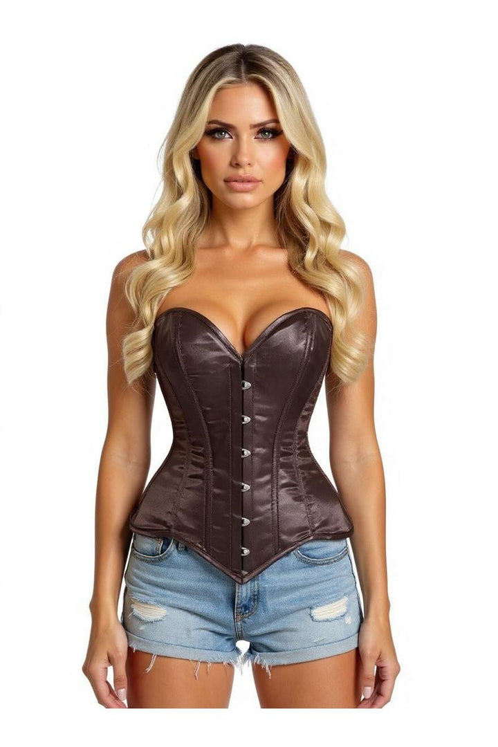 Lavish Dark Brown Satin Overbust Corset Sweetheart Neckline Busk Closure