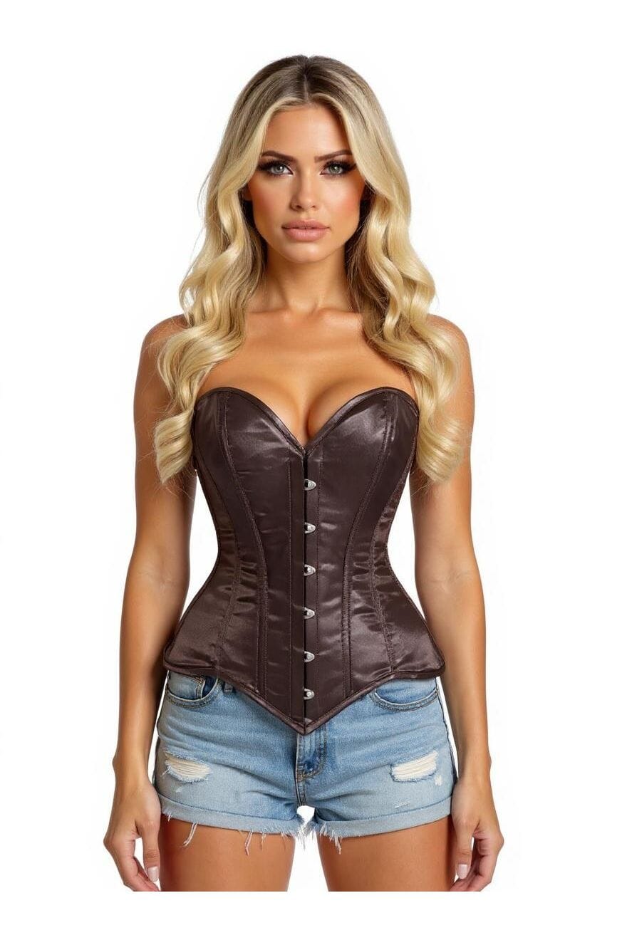 Lavish Dark Brown Satin Overbust Corset Sweetheart Neckline Busk Closure