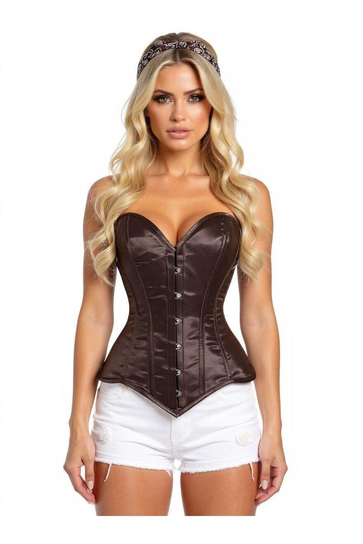 Lavish Dark Brown Satin Overbust Corset Sweetheart Neckline Busk Closure