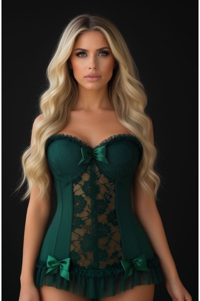 Lavish Dark Green Lycra & Lace Hook & Eye Stretch Bustier Corset