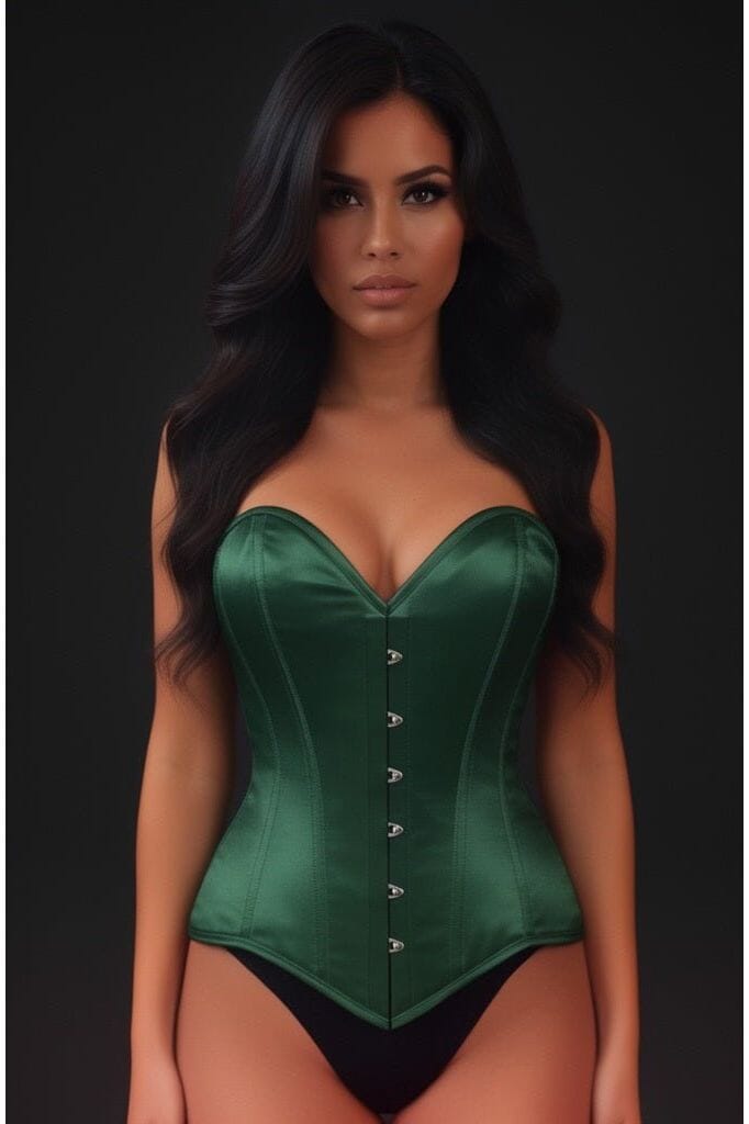 Lavish Dark Green Satin Overbust Corset Sweetheart Neckline Busk Closure