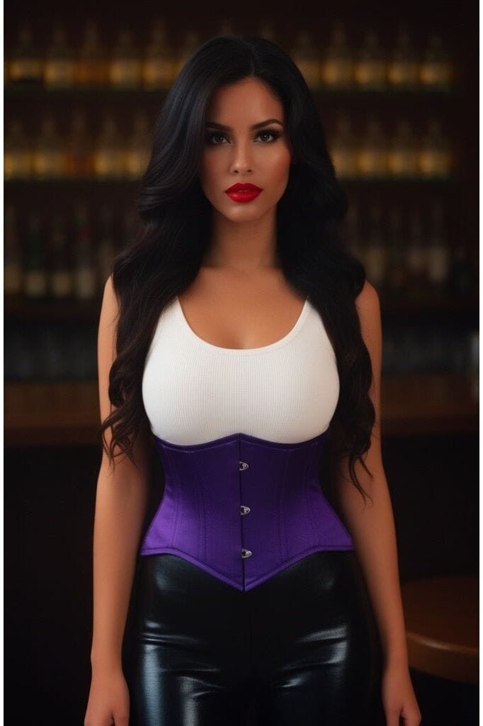 Lavish Dark Purple Satin Mini Cincher Underbust Corset Waist Cincher Busk Closure