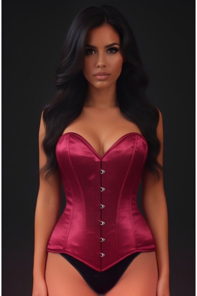 Lavish Dark Red Wine Satin Overbust Corset Sweetheart Neckline Busk Closure